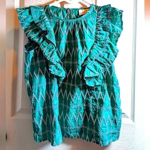 Universal Thread Green Flounced Sleeveless Embroidered Ruffle Blouse, Size XS